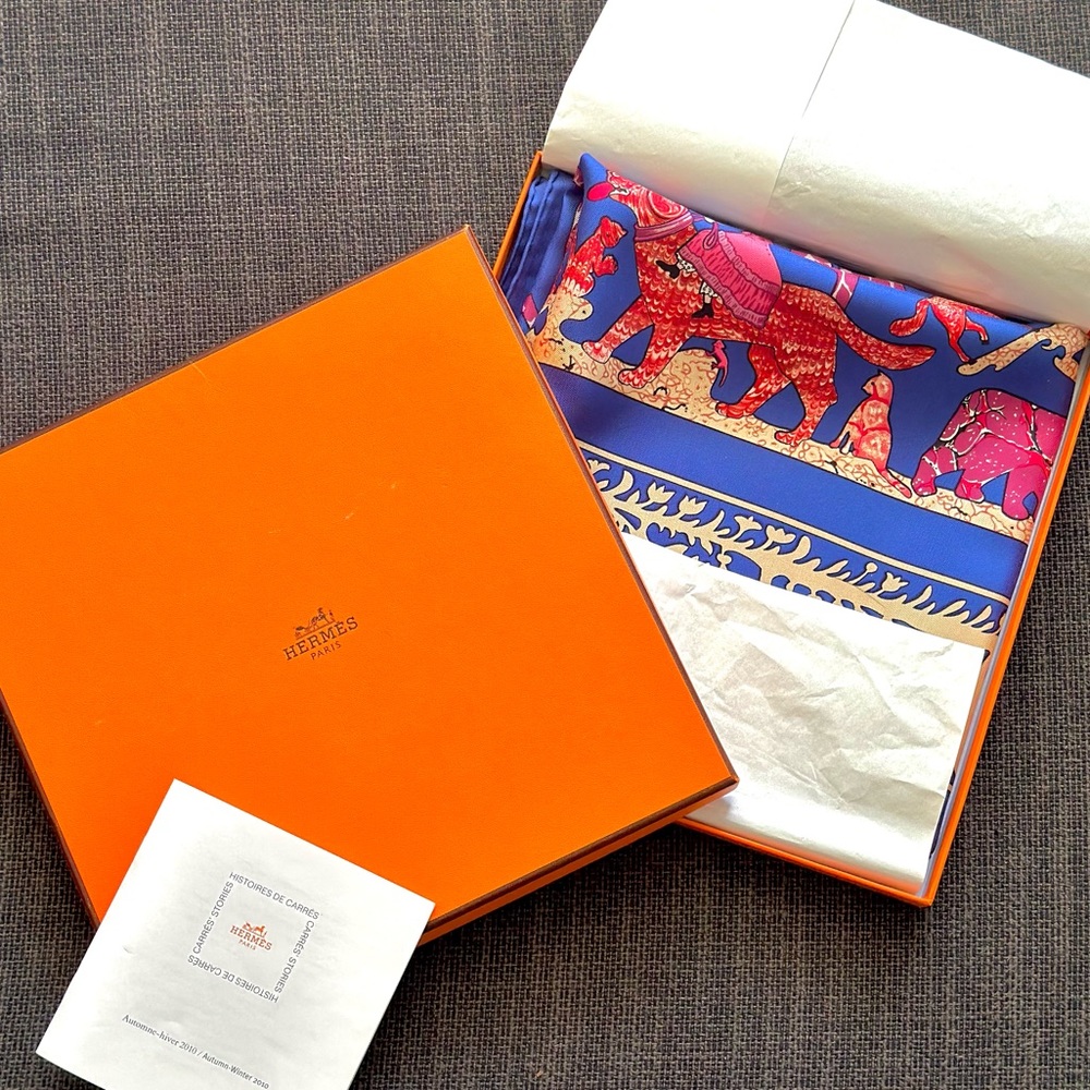 Hermes Early America scarf by Françoise De La Perriere blue and red